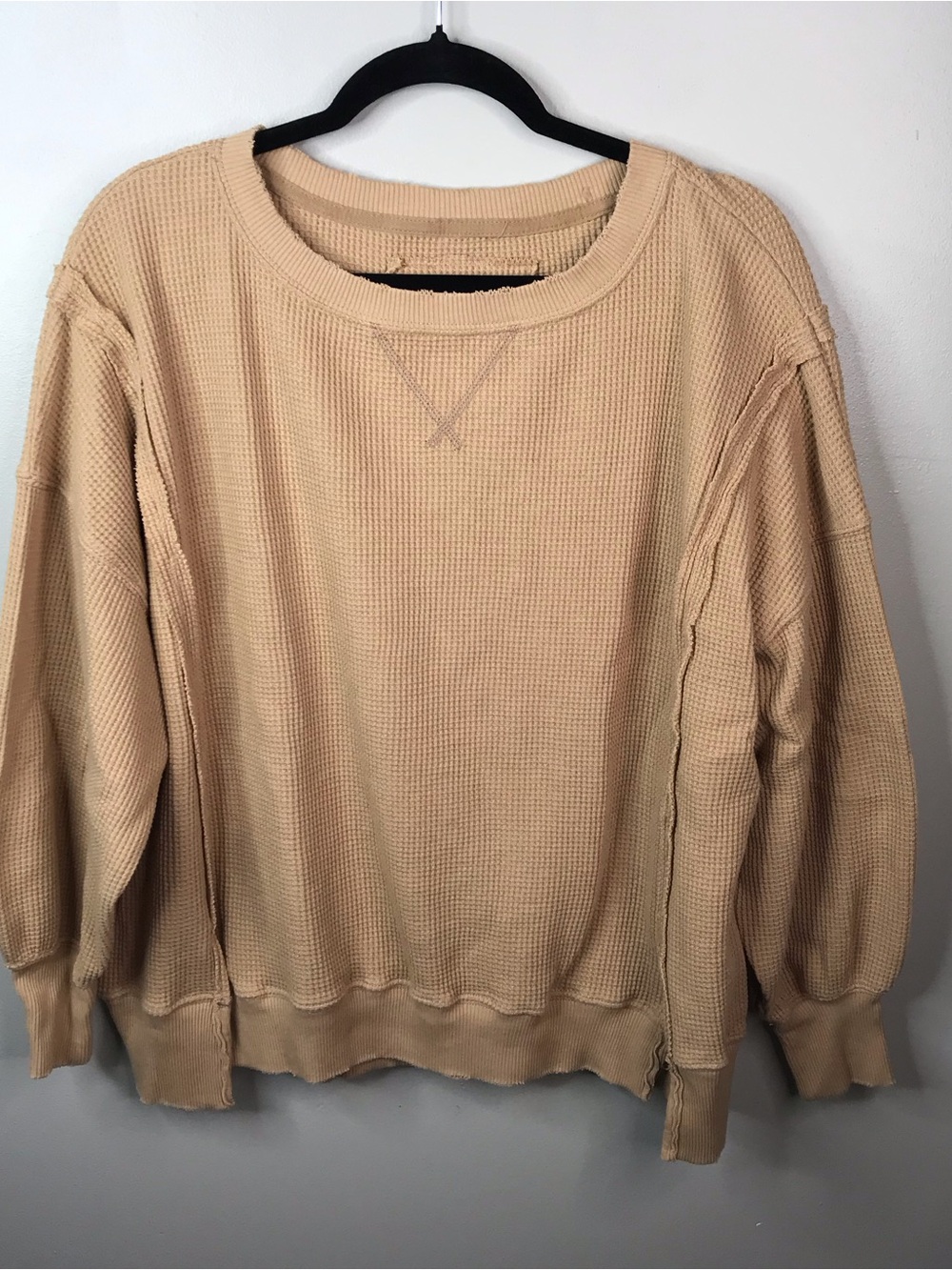 American Eagle Waffle Knit Crewneck Sweatshirt in Camel Sz XS Oversized